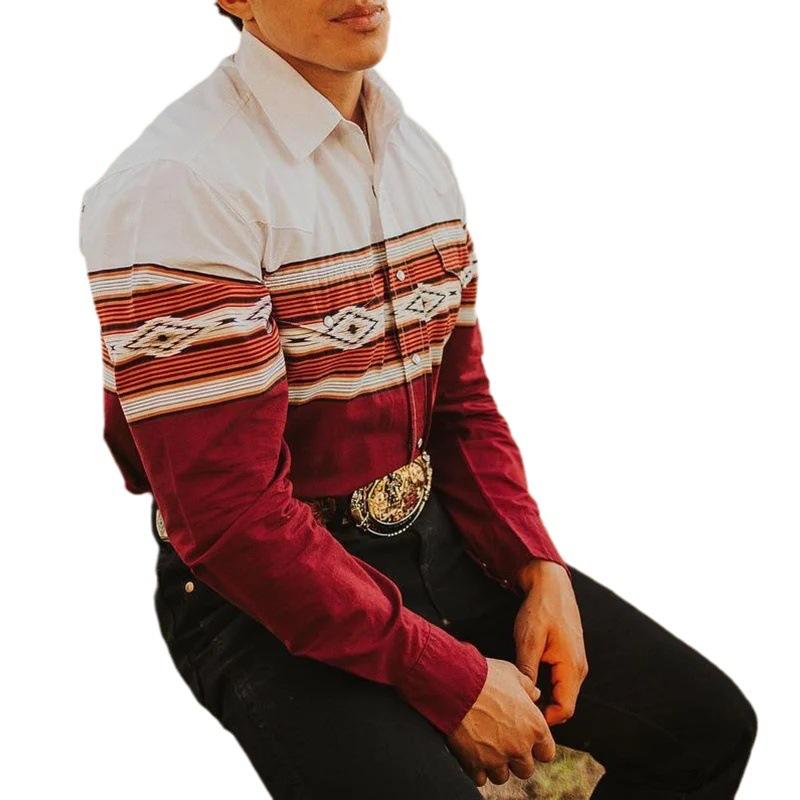 Chemise à manches longues et revers en denim imprimé western pour homme
