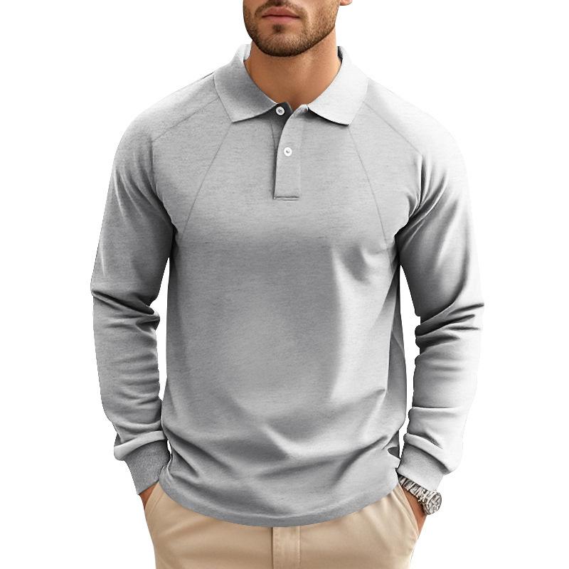 Polo décontracté à manches longues et revers raglan pour homme, couleur unie