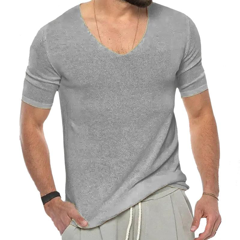 Pull décontracté en tricot à manches courtes et col en V pour homme, couleur unie