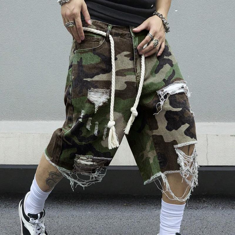 Men's Camouflage Washed Ripped Cropped Trousers