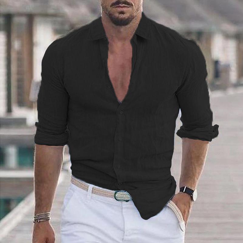 Men's Casual Solid Color Lapel Long Sleeve Shirt