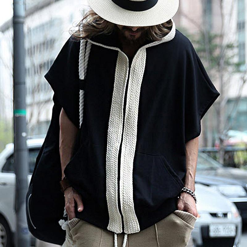 Men's Loose Color Block Hooded Short Sleeve Sweatshirt Jacket