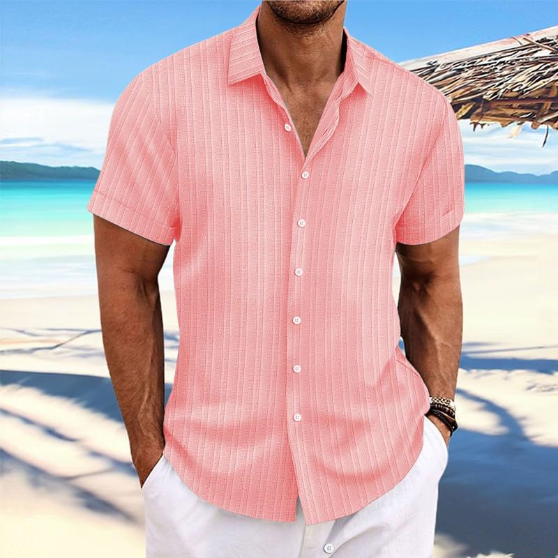 Men's Cotton Linen Stripe Print Loose Short Sleeve Lapel Shirt
