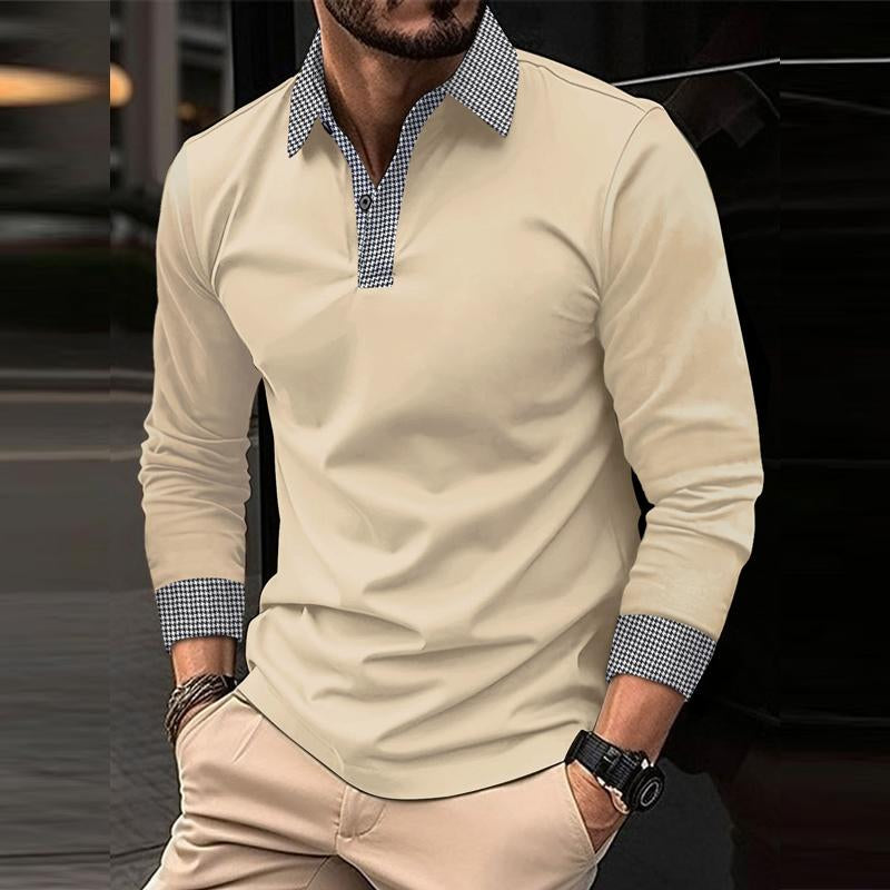 Men's Casual Plaid Patchwork Long-Sleeved Polo Shirt