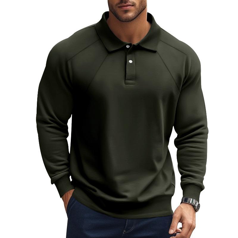 Polo décontracté à manches longues et revers raglan pour homme, couleur unie