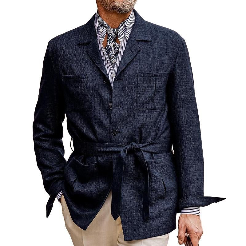 Men's Solid Color Cotton Linen Multi Pocket Button Blazer