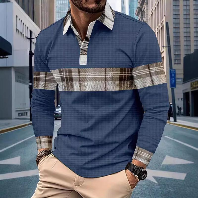 Men's Casual Long Sleeve Colorblock Button Waffle Polo Shirt