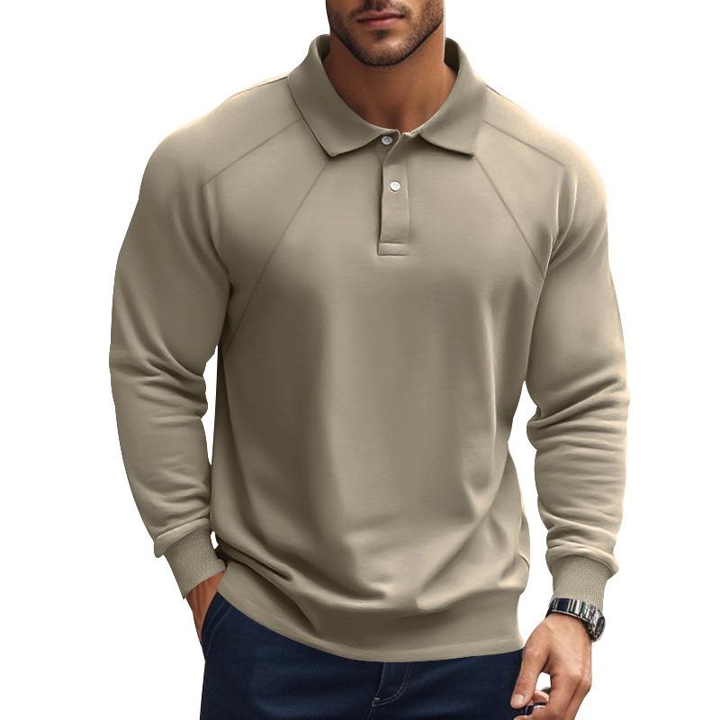 Polo décontracté à manches longues et revers raglan pour homme, couleur unie