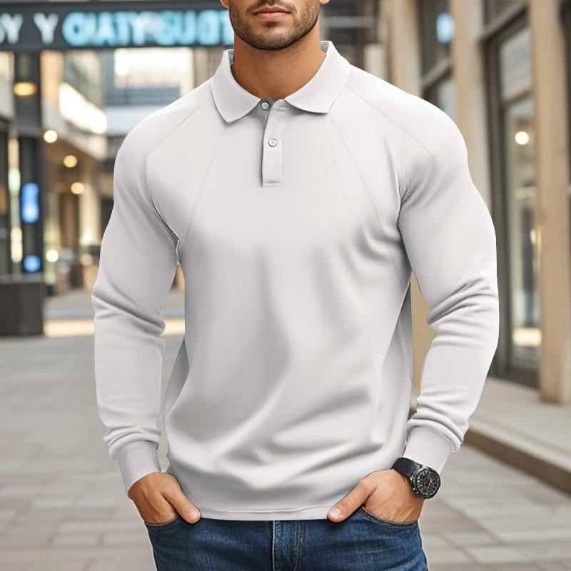 Polo décontracté à manches longues et revers raglan pour homme, couleur unie