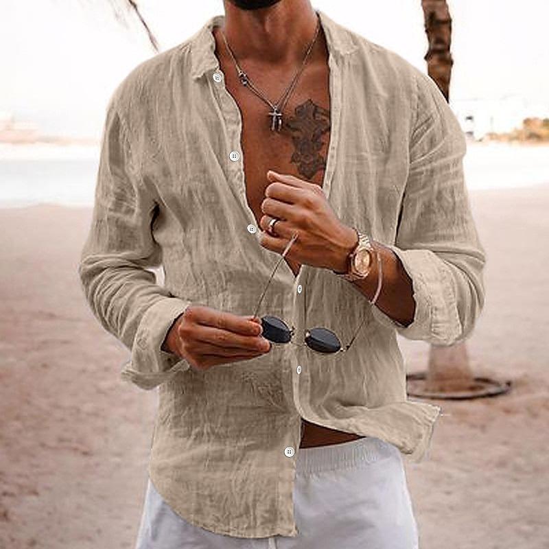 Men's Casual Solid Color Lapel Cotton Linen Long-Sleeved Shirt