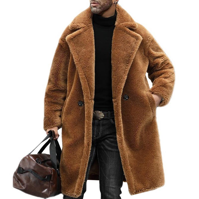 Manteau long en peluche à revers pour homme, couleur unie et chaud