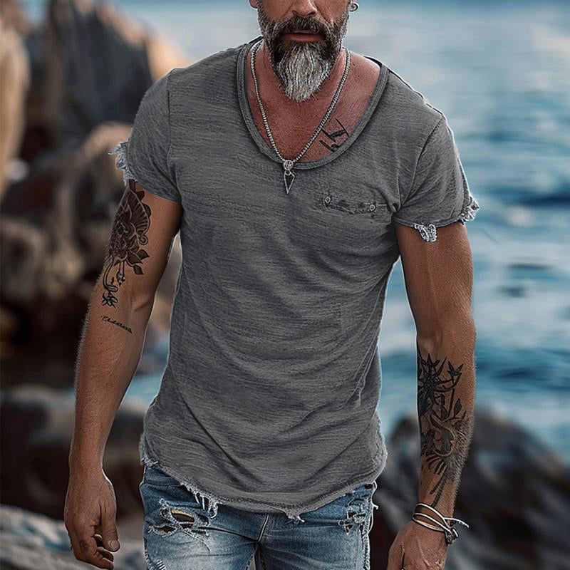 Men's Retro Solid Color Round Neck Raw Edge Short Sleeve T-Shirt