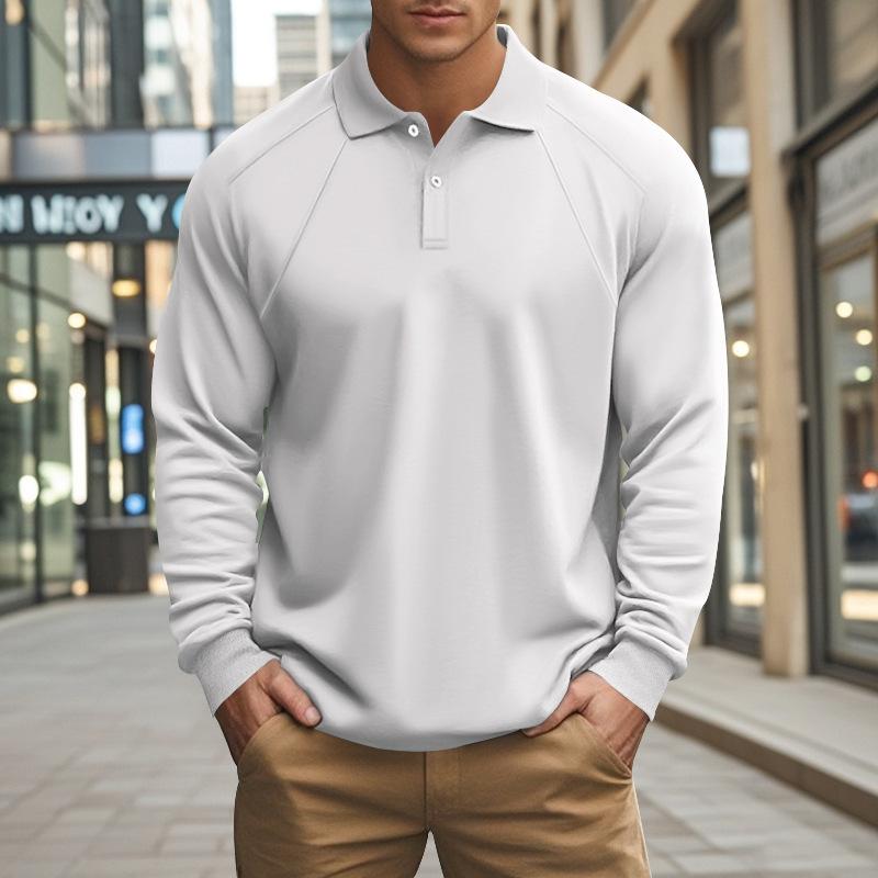 Polo décontracté à manches longues et revers raglan pour homme, couleur unie