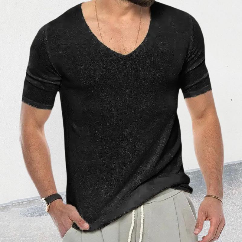 Pull décontracté en tricot à manches courtes et col en V pour homme, couleur unie