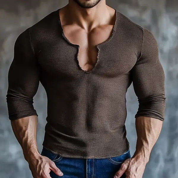 Men's Casual V-neck Super Stretch Comfortable Breathable Long-sleeved T-shirt Thread Casual Fitness Daily T-shirt
