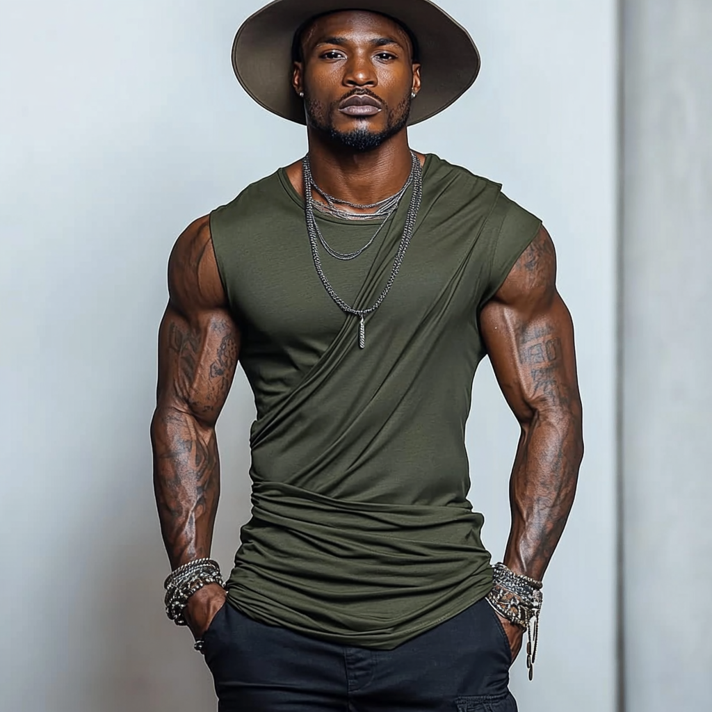 Men's fashionable and casual dark green pleated vest top