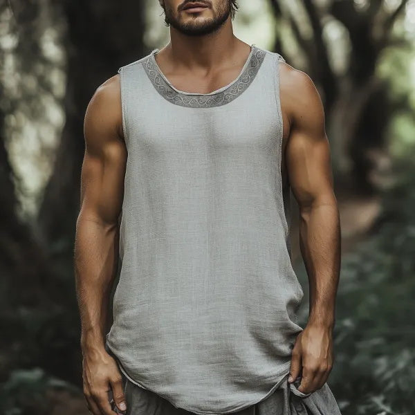 Men's Retro Casual Embroidered Linen Vest