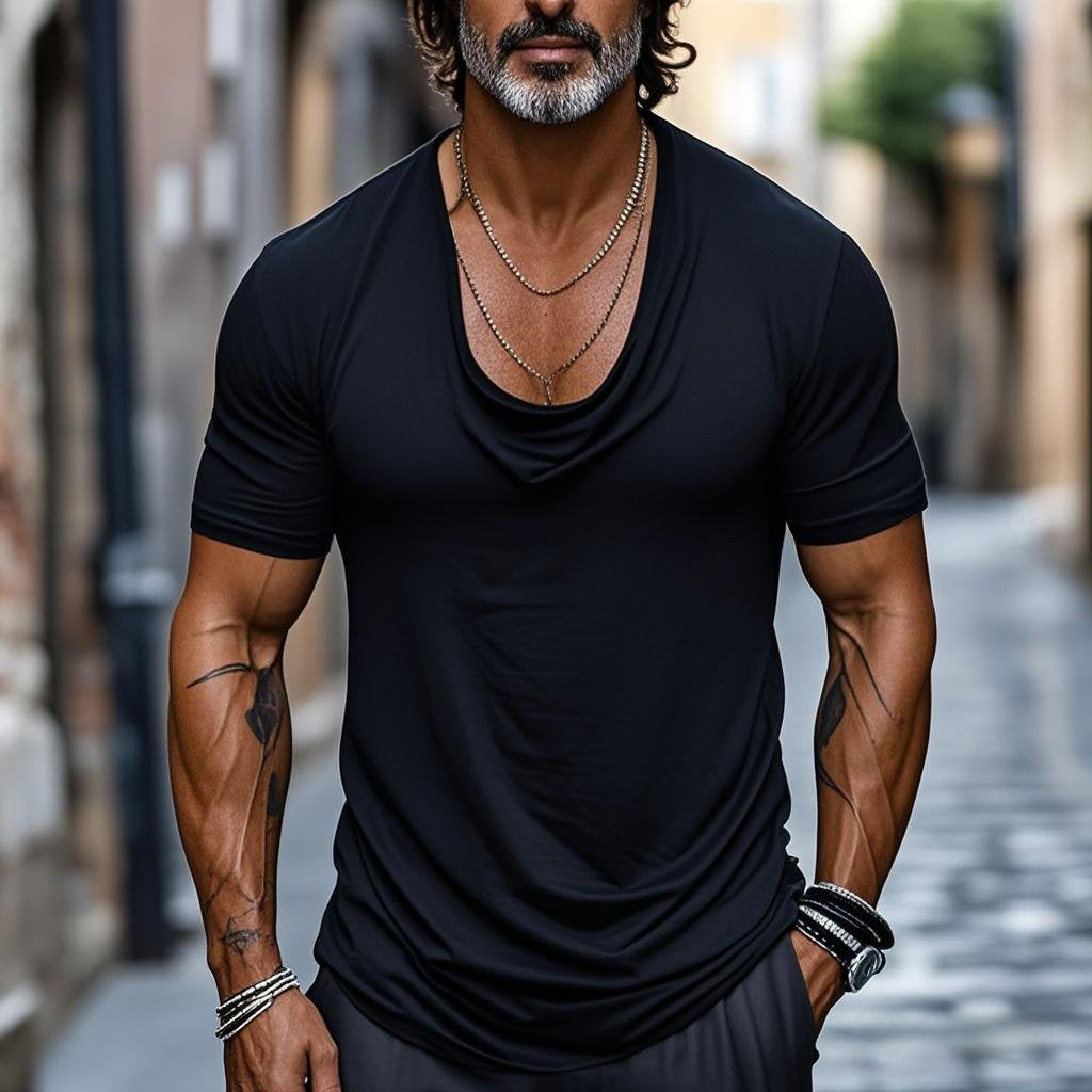T-shirt plissé beige décontracté à la mode pour homme