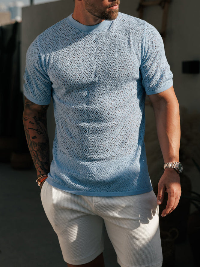Crochet Crew T-Shirt Blue Short Sleeve