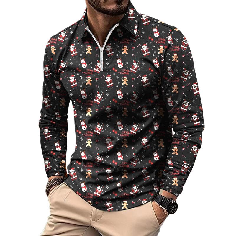 Polo à manches longues pour homme, style rétro décontracté, imprimé floral de Noël