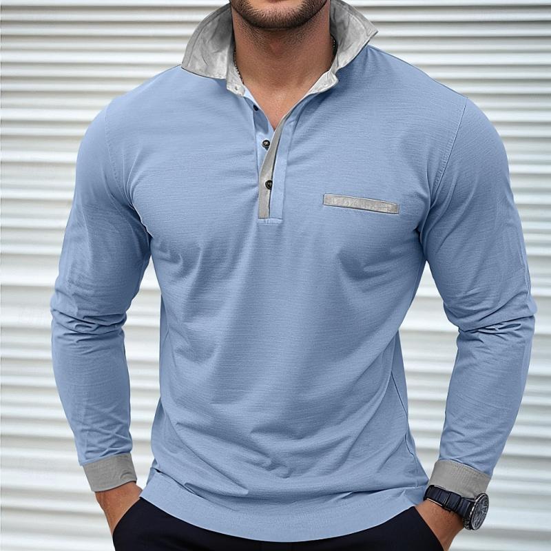 Men's Colorblock Long Sleeve Lapel Polo Shirt