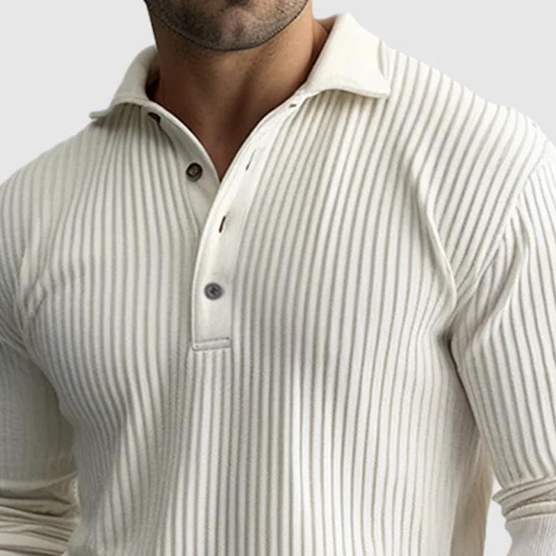 Men's Solid Striped Lapel Long Sleeve Polo Shirt