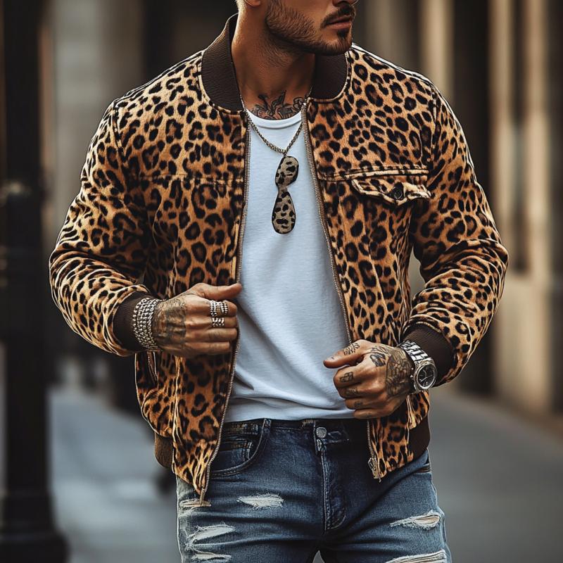 Men's Vintage Leopard Print Chest Pocket Bomber Jacket