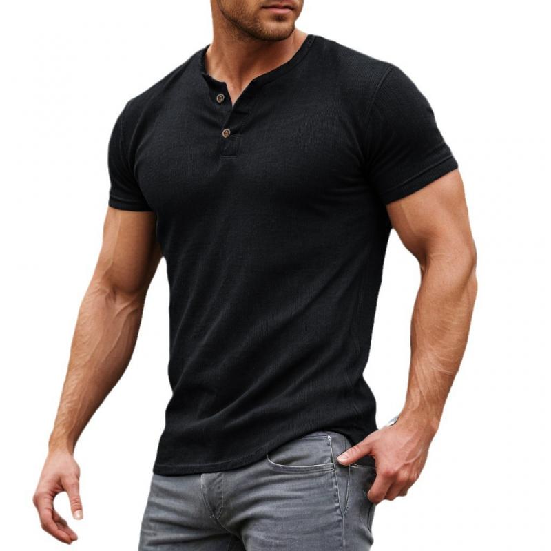 T-shirt décontracté à manches courtes et col Henley pour homme, coupe ajustée, en coton mélangé uni