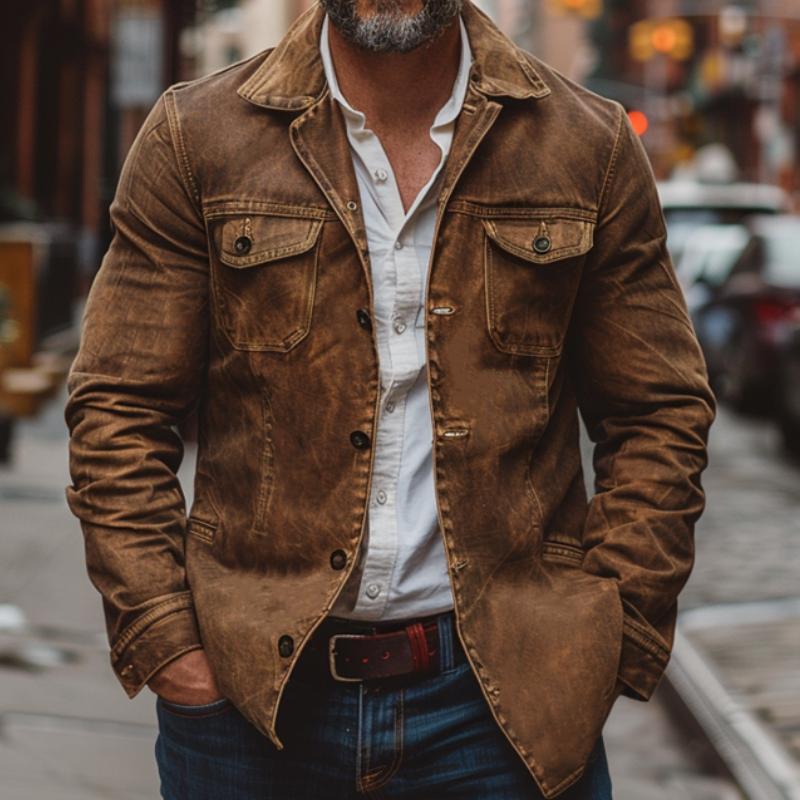 Veste de travail vintage en cuir délavé épais pour homme, simple boutonnage, multi-poches