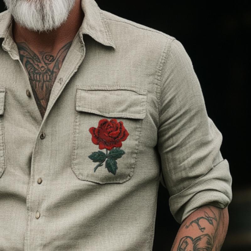 Chemise à manches longues brodée style cowboy rétro décontracté pour homme