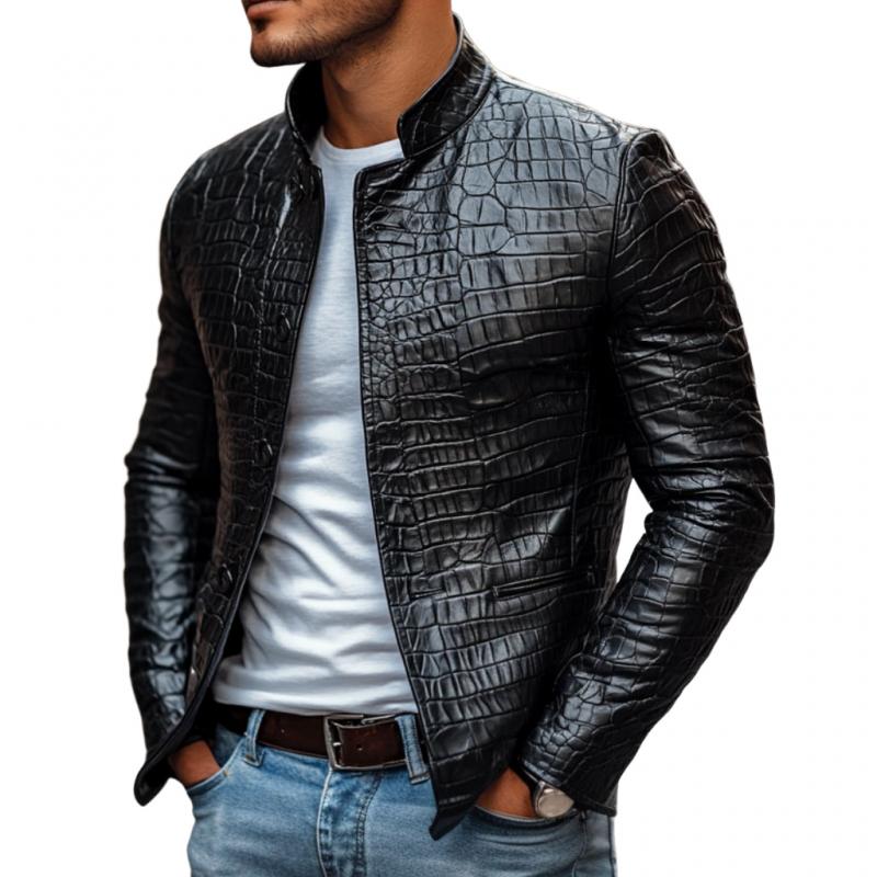 Veste homme en cuir de crocodile à col montant et coupe slim