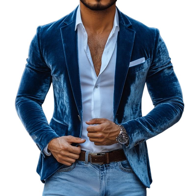 Men's Fashion Solid Velvet Notch Lapel Two Buttons Casual Blazer