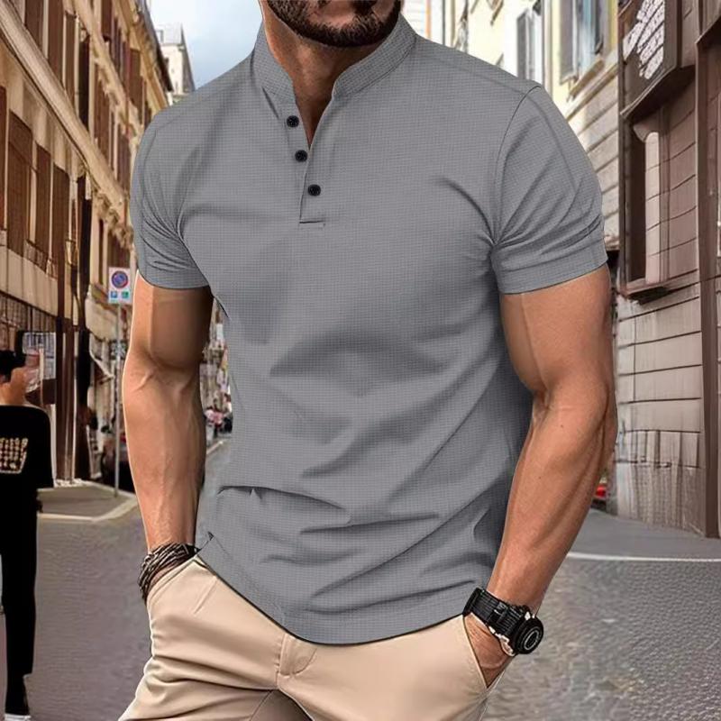 T-shirt décontracté à manches courtes et col montant pour homme, coupe slim et gaufrée