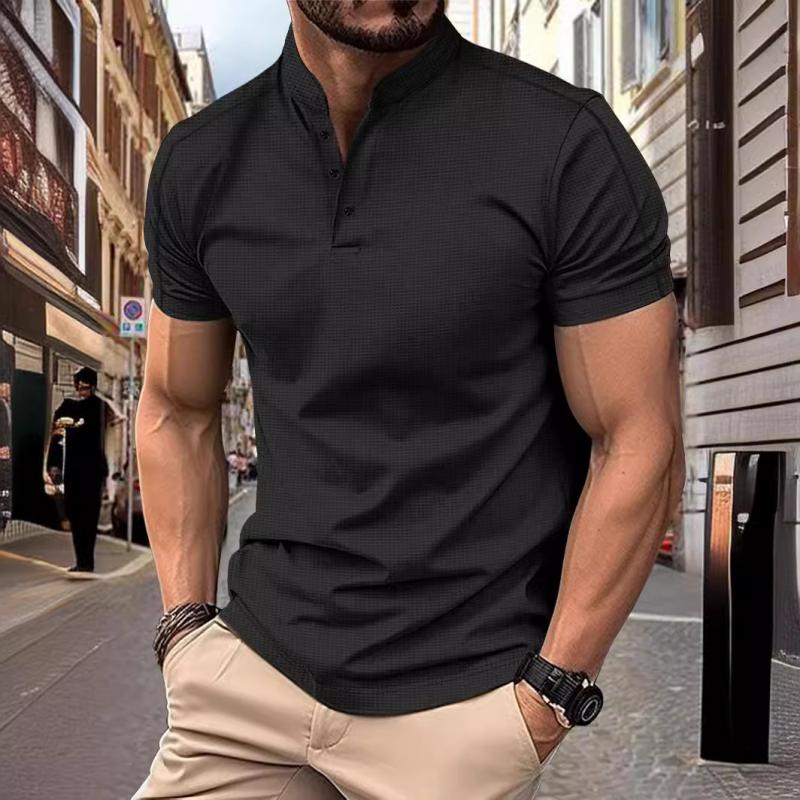 T-shirt décontracté à manches courtes et col montant pour homme, coupe slim et gaufrée