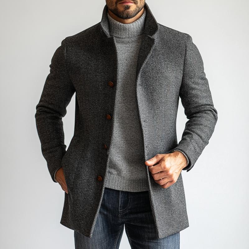 Manteau mi-long en laine à chevrons rétro pour homme