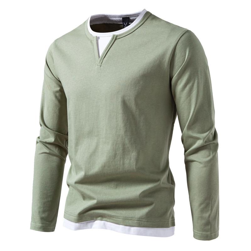Men's Casual Color Matching Fake Two-Piece Double-Layer V-Neck Long-Sleeved T-Shirt