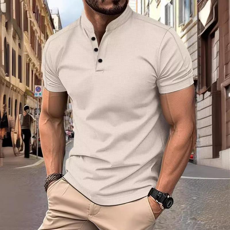 T-shirt décontracté à manches courtes et col montant pour homme, coupe slim et gaufrée
