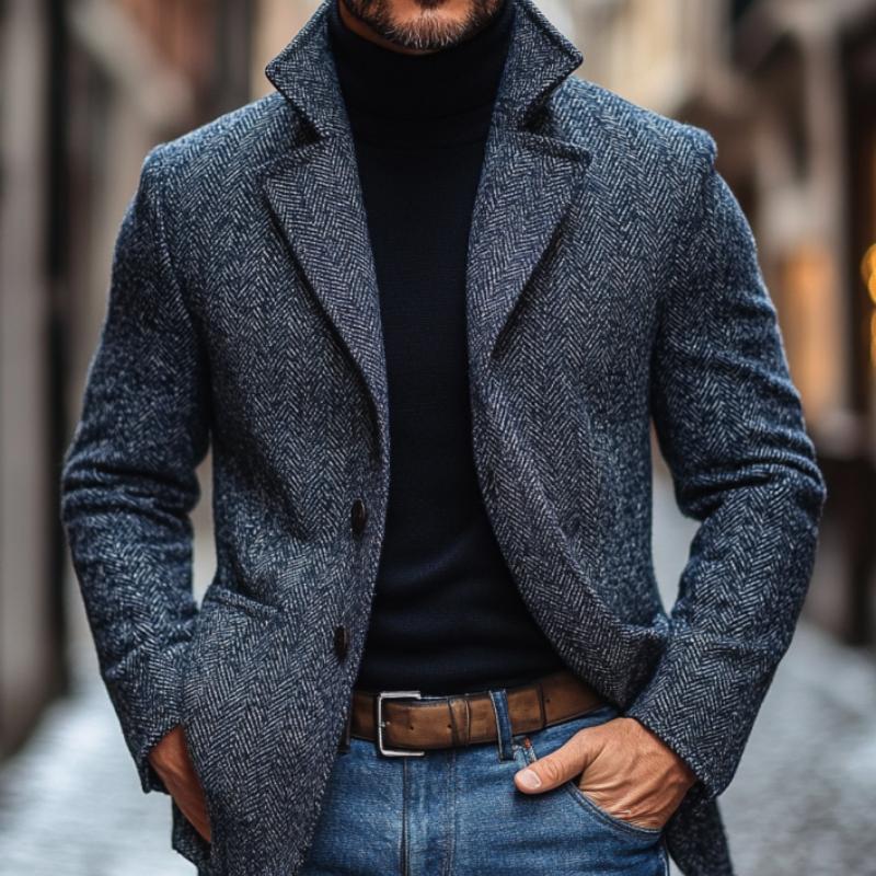 Blazer vintage à chevrons et revers crantés pour homme, simple boutonnage
