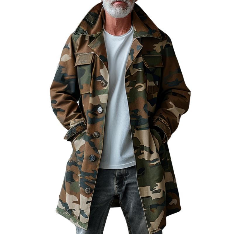 Trench-coat cargo mi-long à revers et poche poitrine camouflage pour homme