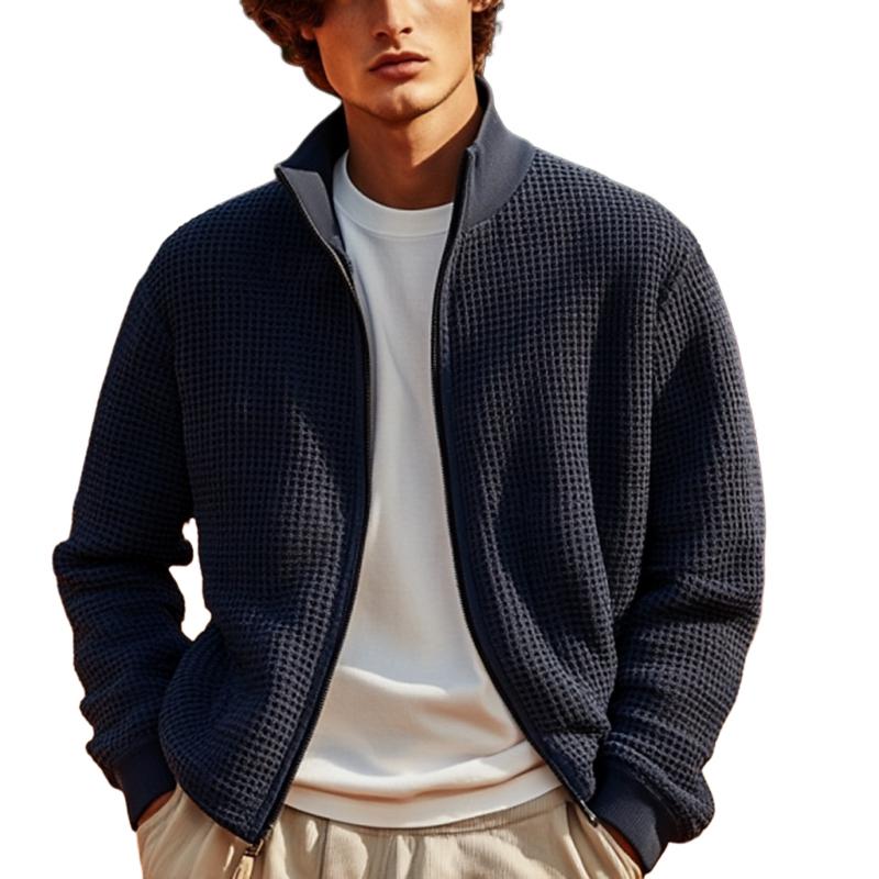 Men's Solid Knitted Waffle Stand Collar Zipper Cardigan