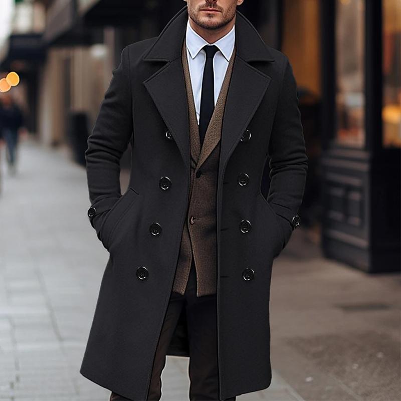 Men's Solid Notch Lapel Double Breasted Long Coat