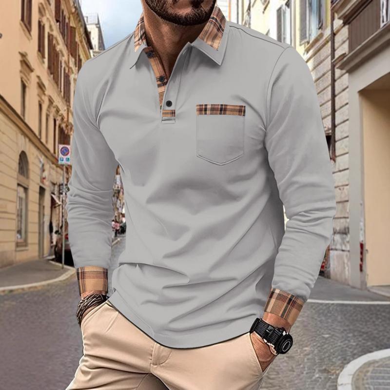 Polo décontracté à manches longues et revers à carreaux pour homme