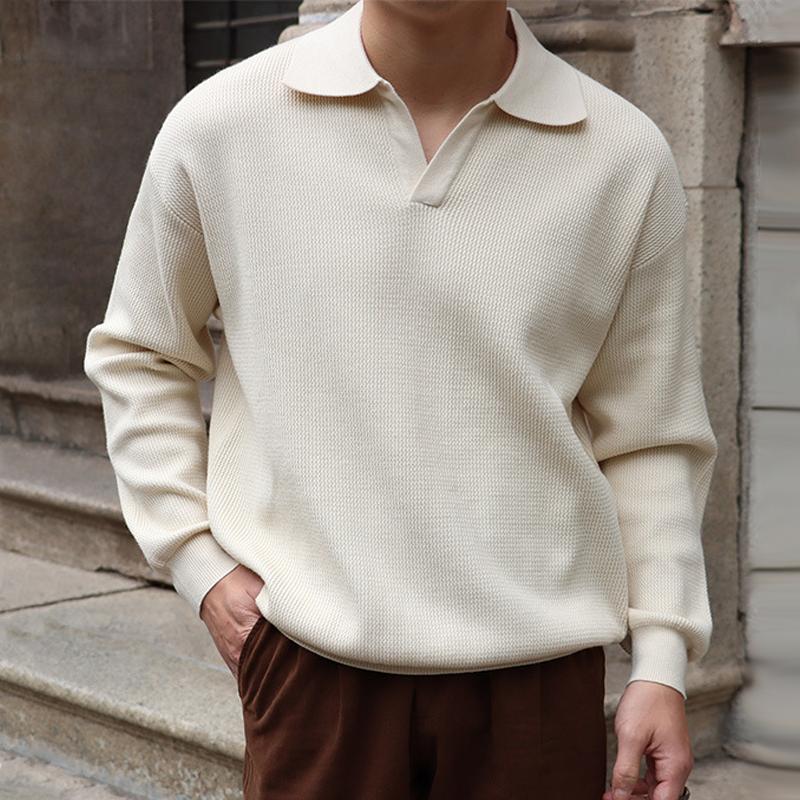 Polo en tricot à manches longues et revers de couleur unie pour homme