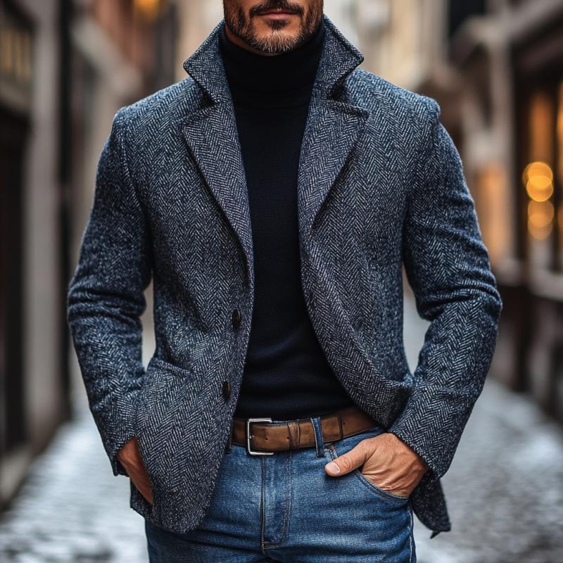 Blazer vintage à chevrons et revers crantés pour homme, simple boutonnage