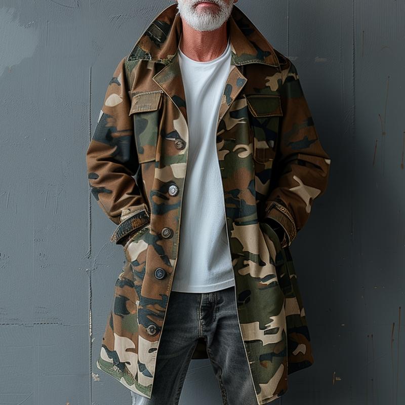 Trench-coat cargo mi-long à revers et poche poitrine camouflage pour homme