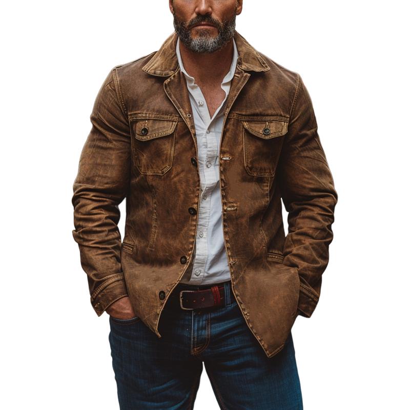 Veste de travail vintage en cuir délavé épais pour homme, simple boutonnage, multi-poches