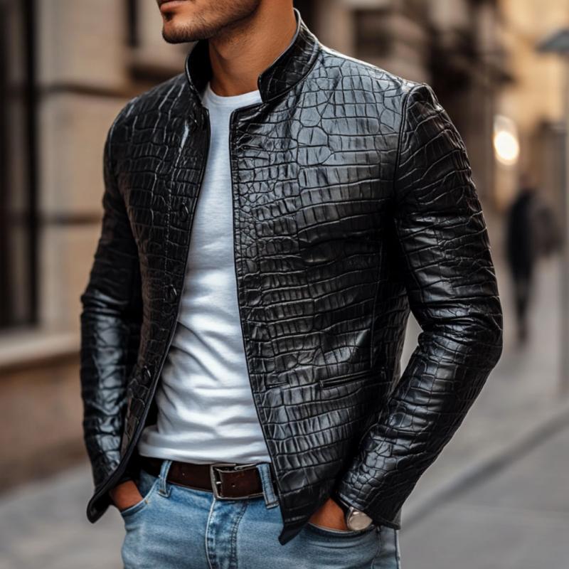 Veste homme en cuir de crocodile à col montant et coupe slim