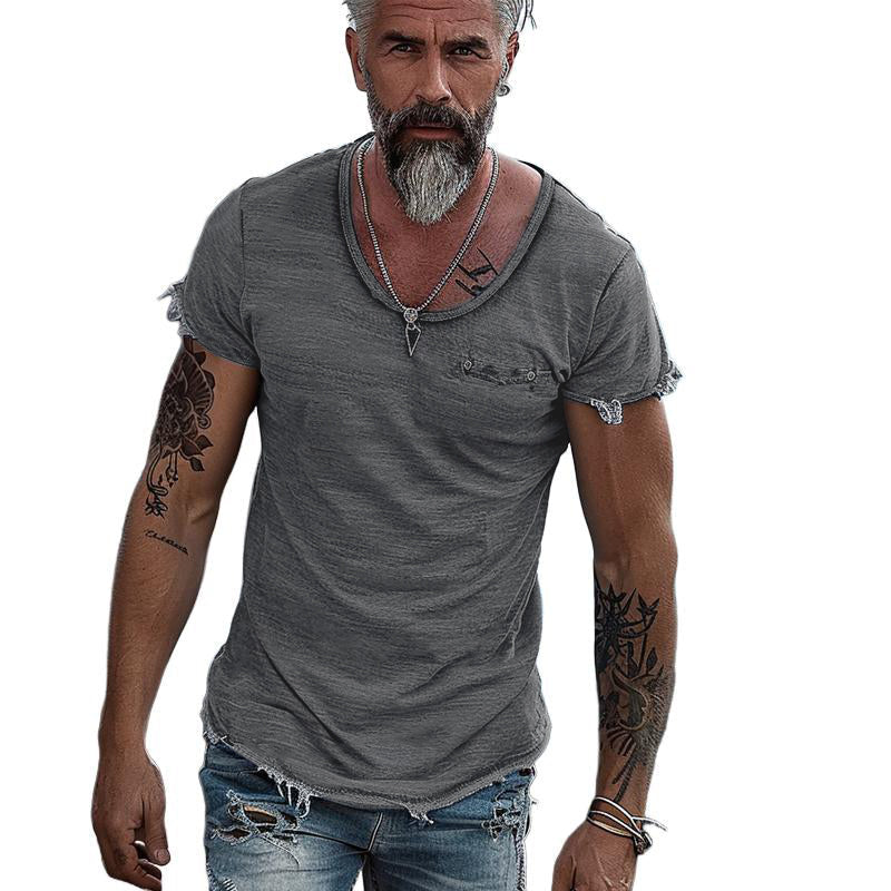 Men's Retro Solid Color Round Neck Raw Edge Short Sleeve T-Shirt