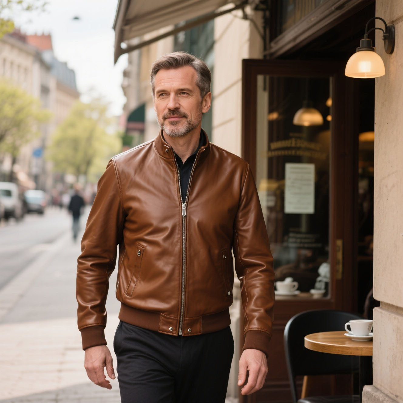 Men's fashionable and casual brown leather jacket