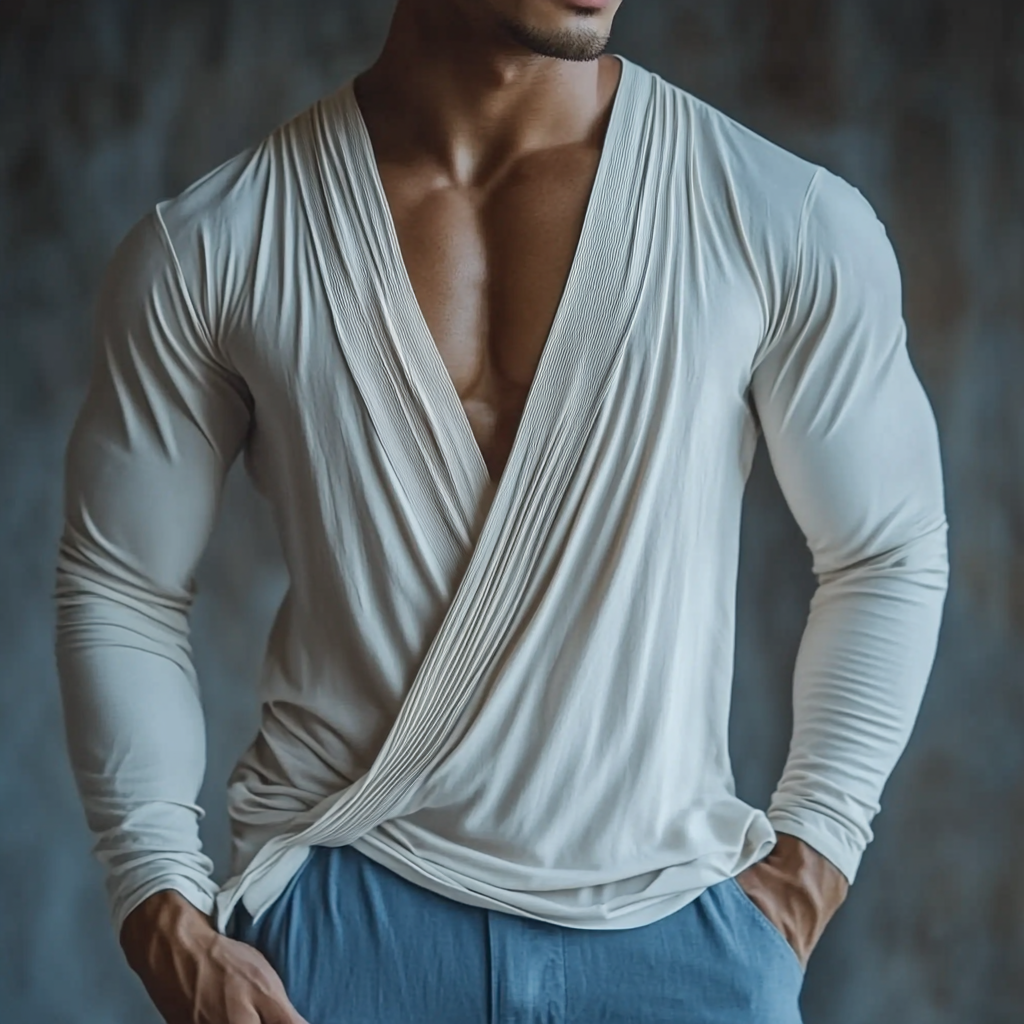 Men's fashionable casual beige pleated V-neck long-sleeved top
